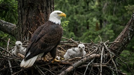 Bald Eagle Mother Feeding Chicks in Nest, Forest Wildlife Photography, Close-Up of Raptor Family in Natural Habitat