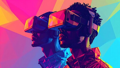 Two people wearing VR headsets, side-by-side, against a vibrant, colorful polygonal background