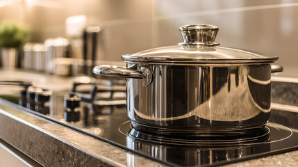 Shiny Polished Stainless Steel Cooking Pot With Lid On A Modern Stovetop