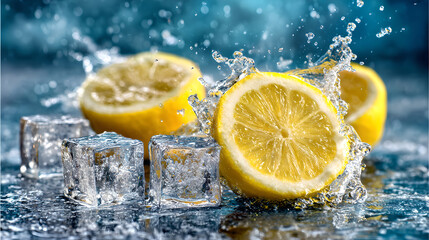 Refreshing Cold Seltzer Water with Yellow Lemon Slices and Clear Ice Cubes