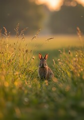 Hour Rabbit Peering Through Sunlit Grass