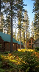 Rustic Log Cabins Among Tall Pine Trees in Forest