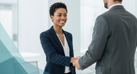 Businesswoman Smiling While Shaking Hands with Male Colleague
