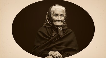 Vintage Sepia Portrait of Elderly Woman in and Shawl