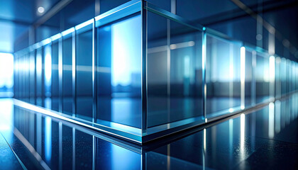 Obraz premium Glass Facade Design: A contemporary office interior showcasing a sleek, minimalist design, the glass facade of the building is bathed in a cool, calming blue light.