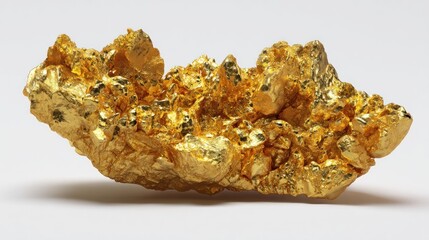 A close-up shot showcases a naturally formed, irregular, golden-hued mineral specimen against a clean, white background. The surface glistens reflecting light