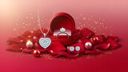 Luxurious proposal set featuring a heart pendant, diamond ring, and earrings on red rose petals.