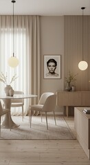 Modern Scandinavian Dining Room with Neutral Tones and Minimalist Furniture