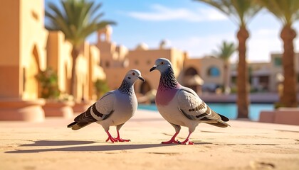 Two pigeons on desert floor, tan buildings, water feature and palm trees under the cloudless blue sky