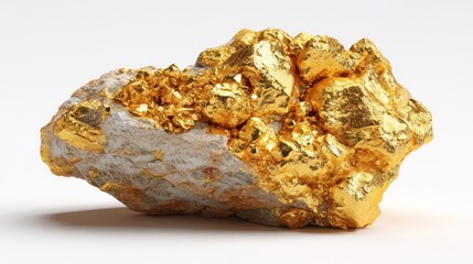 A close-up view of a gold nugget embedded in white rock, exhibiting a rough, textured surface with a vibrant, reflective luster