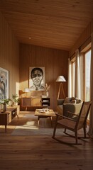 Warm Wooden Living Room with Rocking Chair and Artwork