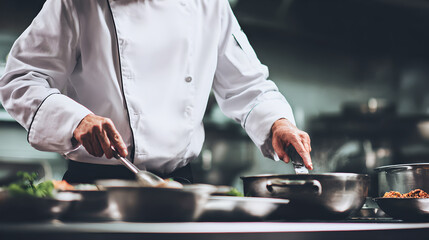 Professional chef cooking in a commercial kitchen with pans Mid section of a professional chef in white uniform cooking with pans

