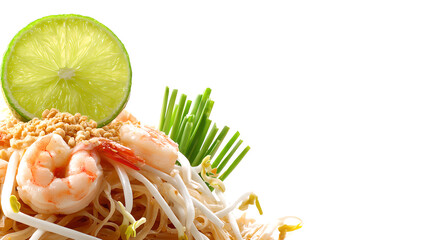 Plated shrimp pad thai noodles garnished with fresh lime and green spring onions 