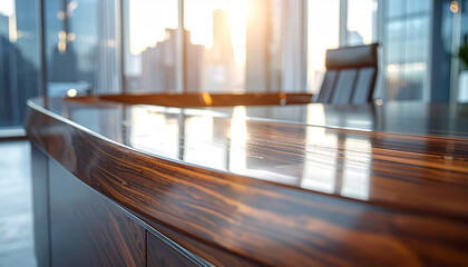 Executive Suite: A high-angle shot captures the elegance of an executive office, emphasizing a sleek wooden desk and a luxurious leather chair with a bright cityscape in the backdrop.