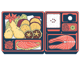 A beautifully styled artisan lunch box illustration showcases a diverse selection of gourmet foods. Vibrant colors and detailed design make it ideal for food, lifestyle, and marketing visuals.