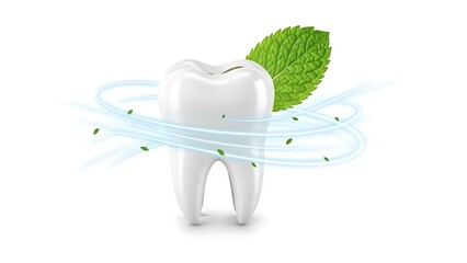 Fresh tooth with mint leaf and water splash on white background