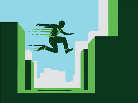 A dynamic silhouette leaps across a wall of steps, symbolizing breaking barriers. Bold colors and modern design create a powerful visual statement.