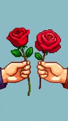 Two pixelated hands each offer a single red rose against a light blue background in a vertical format
