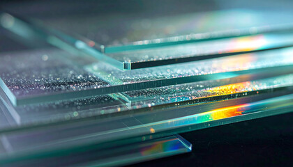 Glass Slides: A close-up shot of several glass slides, showcasing the delicate transparency and interplay of light. Revealing the precision of scientific equipment.