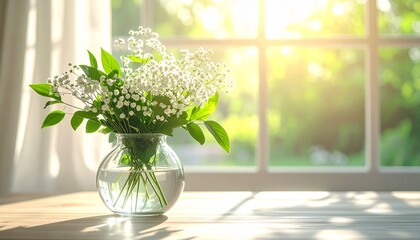 햇살이 비치는 창가의 유리 화병에 담긴 봄꽃 Fresh Spring Flowers in Glass Vase by Sunlit Window 