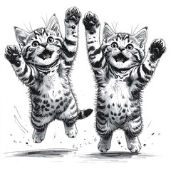 Two playful cartoon kittens joyfully jumping in the air, rendered in a detailed grayscale illustration