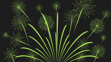 Vibrant green firework explosion on dark background, bright streaks and sparks flying outward in all directions, festive
