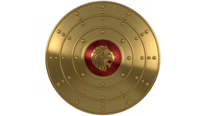 Gold shield with lion head on red background isolated on a transparent background