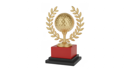 Gold trophy with a golf ball isolated on a transparent background