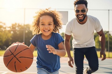 Happy father and child playing basketball together outdoors