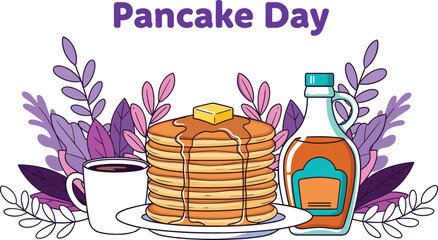 Pancake Day breakfast banner featuring a tall stack with butter maple syrup and coffee framed by purple leaves.
