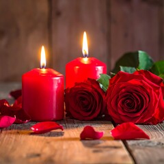 Two red candles and roses arranged on a rustic wooden surface, softly lit and warm