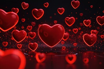 Valentines day background Floating red hearts on a dark background create a romantic atmosphere.