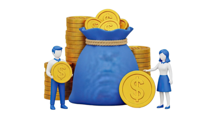3D Illustration of People and Money Bag with Gold Coins