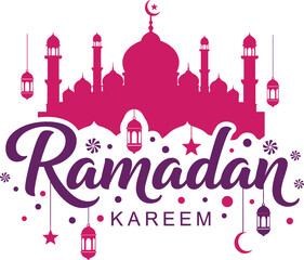 Ramadan Kareem greeting featuring a vibrant pink mosque silhouette purple cursive typography and decorative hanging celestial holiday charms.