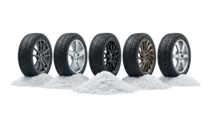 Tire types showcased on snow for seasonal change, AI, PNG