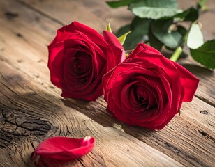 Two red roses, with a petal, rest on rustic, weathered wooden boards under soft lighting