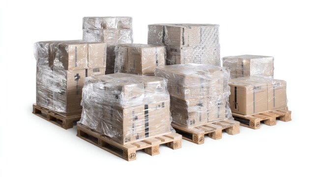 Stacked, wrapped cardboard boxes on wooden pallets, ready for shipping, on a seamless white background