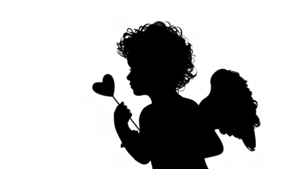 Cupid with curly hair holding a heart, created AI, PNG