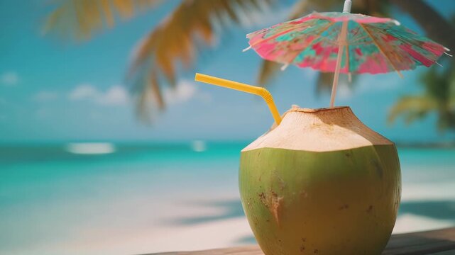 Fresh coconut drink with colorful umbrella and straw on tropical beach. Paradise vacation refreshment with turquoise ocean background. Exotic summer beverage by sunny seaside. Natural healthy island