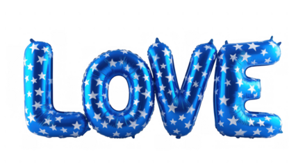 Blue balloon letters with stars say love, created AI, PNG