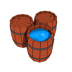 Wooden Old Vintage One Opened Filled by Water and Two Closed Barrel. Vector Illustration.
