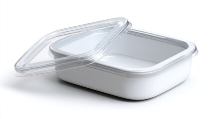 A rectangular white food container with a clear, hinged lid, slightly ajar. The container sits on a white surface. The lighting suggests a studio setting