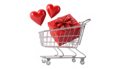 Shopping cart filled with a red gift box and hearts, created AI, PNG