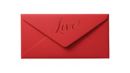 Bright red envelope embossed with the word love, created AI, PNG