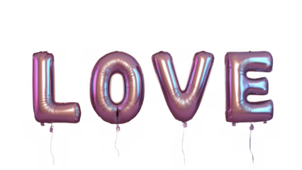 Bright purple balloons shaped like the word love, created AI, PNG