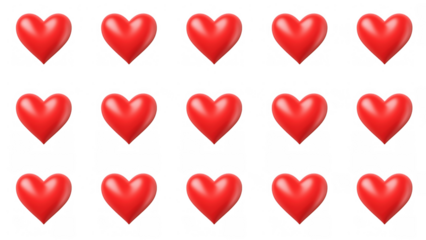 Many bright red hearts displayed in a grid pattern, created AI, PNG