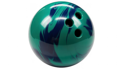 Green and blue bowling ball with three holes shiny isolated on a transparent background
