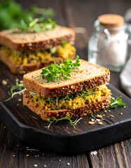 Two sandwiches piled high with filling on whole wheat bread, adorned with fresh sprouts on a dark wooden board
