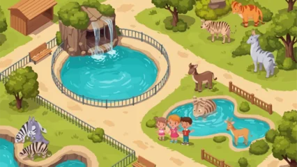 Fototapete Rund Zoo Cartoon Zoo Scene with Animals and Visitors.  © Pitiok