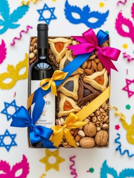 Open gift box with wine, hamantash cookies, nuts, and ribbons, a festive mishloach manot for Purim holiday celebration.